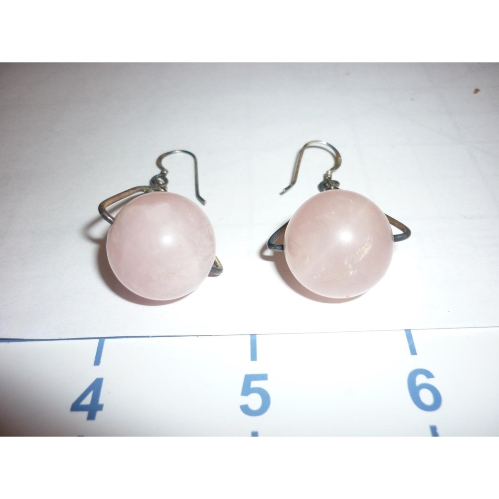 Vintage Rose Quartz Sphere Drop Earrings‎ Pink Stone Geometric Boho Silver Tone - Picture 2 of 4